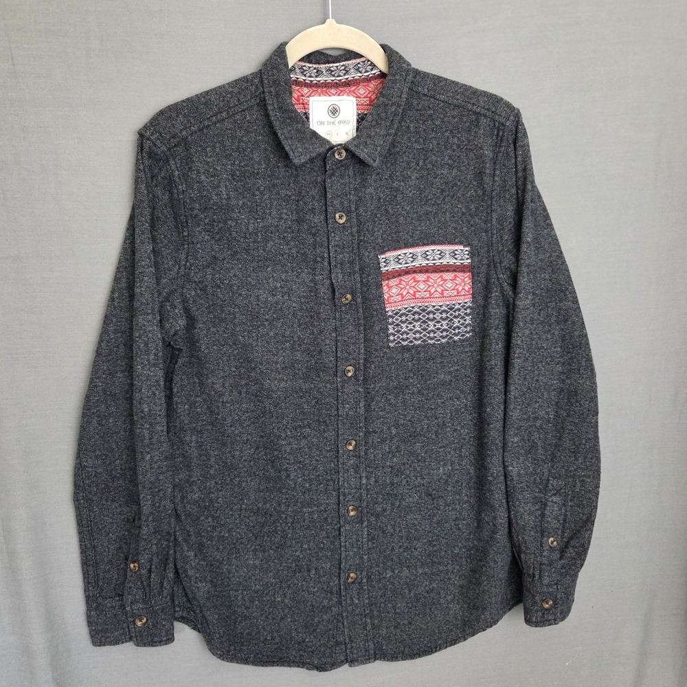 On The Byas Medium Charcoal Grey Herringbone Flannel Aztec Fair Isle Pocket